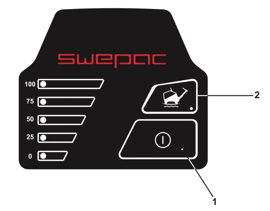 Aan-uitknop en trillingsknop voor starten en stoppen van de Swepac FB-serie