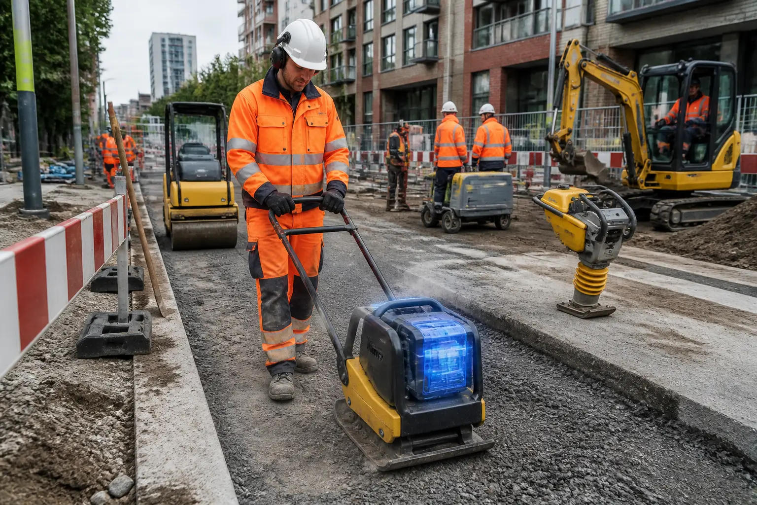 wegwerker bedient compacte accu-trilplaat met blauwe accupack tussen ander klein materieel op stedelijke bouwplaats